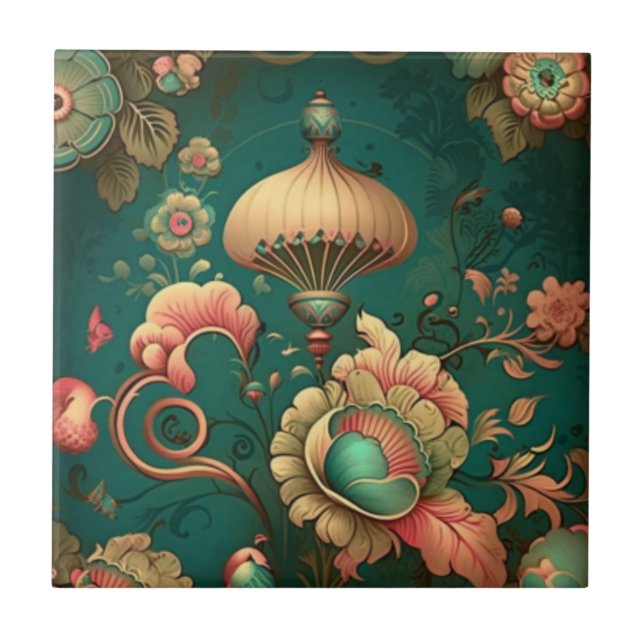 grönt av keramisk blommigt för återdesign av vinta kakelplatta (Framsidan)