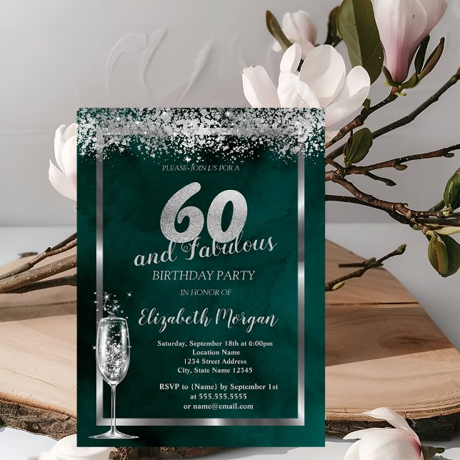 Grönt av konfetti Silver av champagneglas 60:e Inbjudningar (Skapare uppladdad)