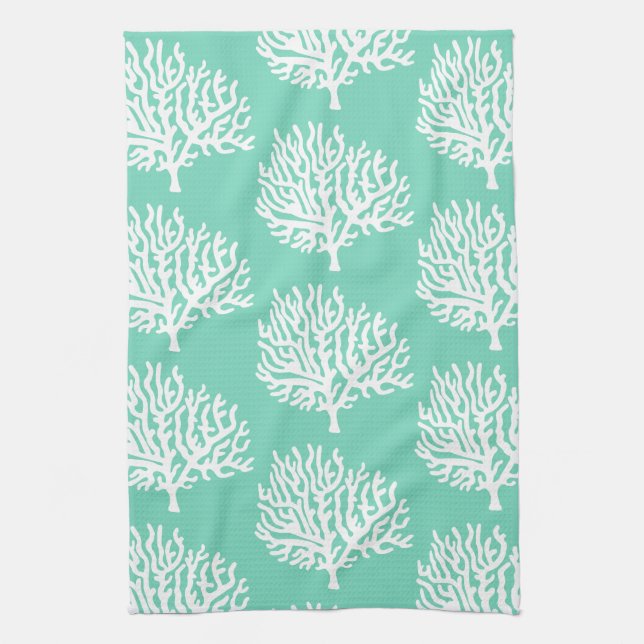 Grönt av kustvitsjökoraller och havsglas kökshandduk (Vertikal)