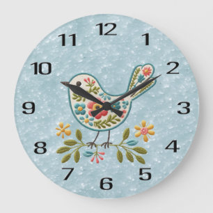 Grönt av lilla fågelBlommigten Löv Wall Clock Stor Klocka