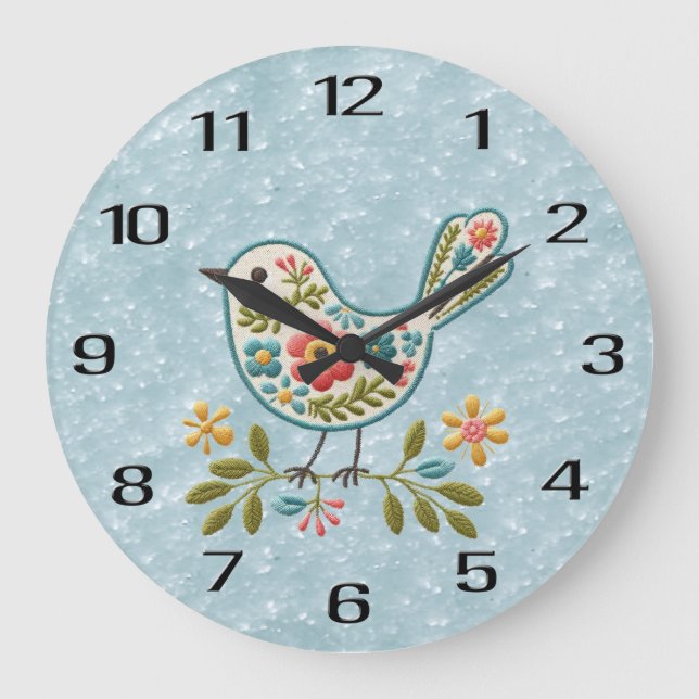 Grönt av lilla fågelBlommigten Löv Wall Clock Stor Klocka (Framsida)
