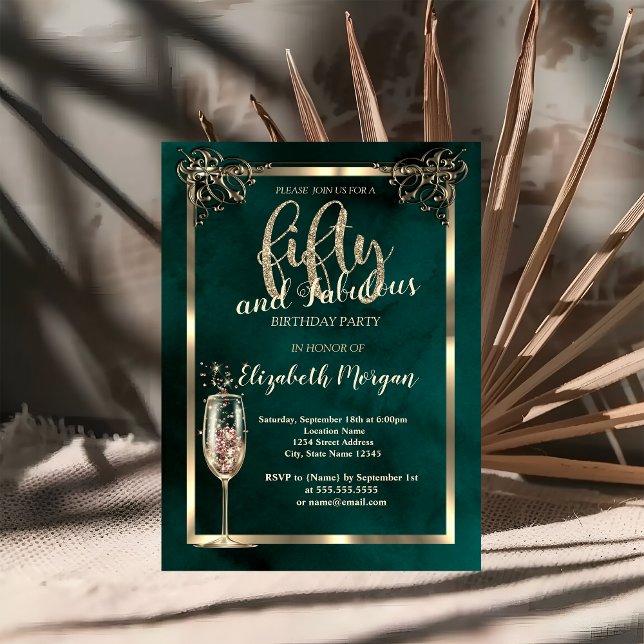 Grönt av lyxglas Gräns Champagne Glass 50:e födels Inbjudningar (Skapare uppladdad)