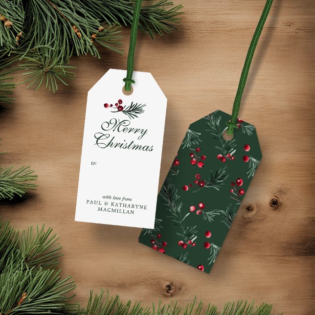 Grönt av modern Elegant Juli - vattenfärgsskog Presentetikett (Modern Elegant Christmas Watercolor Forest Green Gift Tags)