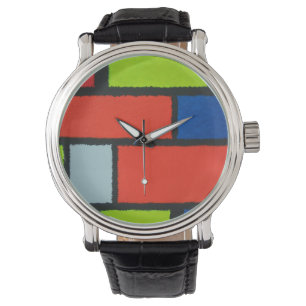 Grönt av mondrian Stil Orange Blue Fuzzy Abstrakt Armbandsur