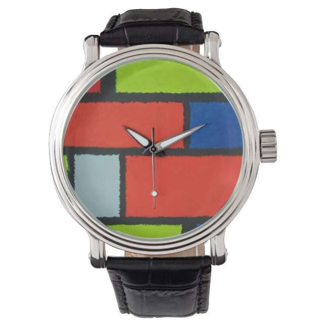 Grönt av mondrian Stil Orange Blue Fuzzy Abstrakt Armbandsur (Framsida)