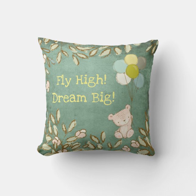 Grönt av nalle Fly High Dream Balloons-typ Kudde (Framsida)