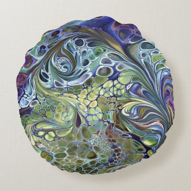 Grönt av olivsaft, lila blue burgundy rund kudde (Baksidan)