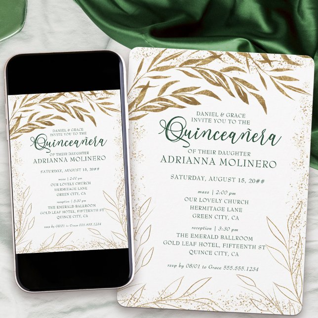 Grönt av Quinceanera och massan Elegant och Guld L Inbjudningar (decorated on both sides and available professionally printed or as a printable download)