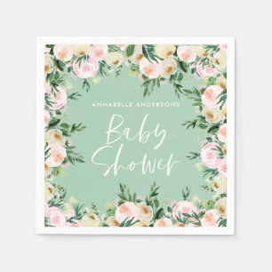 Grönt av rosa blommigt för babydusch,  gigantisk pappersservett