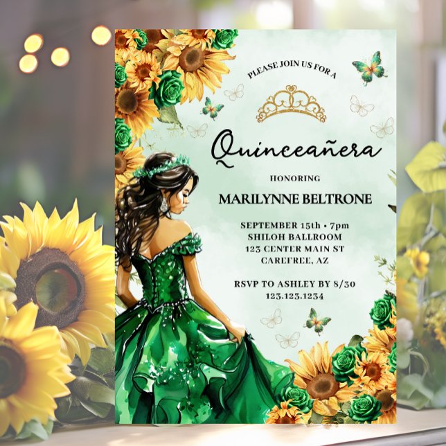 Grönt av solrosblomma Princess Quinceañera Inbjudningar (Skapare uppladdad)