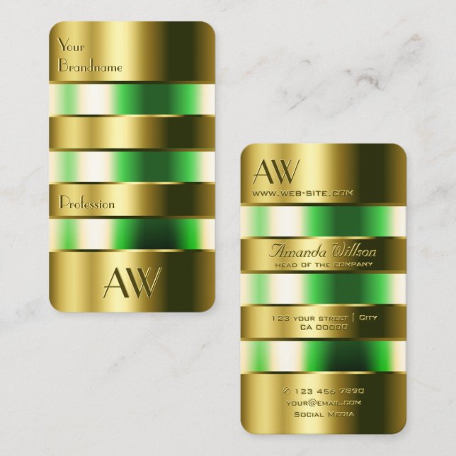 Grönt av Tank optik i guld-glas  med Initialer Visitkort (Fram/baksida)