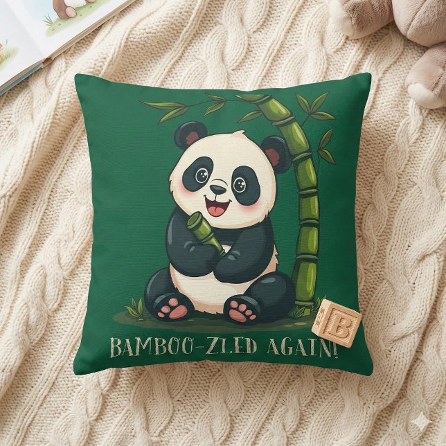 Grönt av Tecknaden Panda Hugger Bamboo Cute  Kudde (Adorable Panda Hugging Bamboo Cute Cartoon Green Throw Pillow Mockup A)