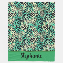 Grönt av tiger och zebra tryck och torgavtryck fleecefilt