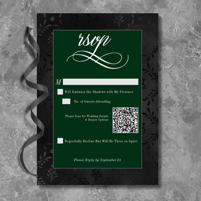 Grönt av trötthetsskada för den gotiska svarta Blo OSA Kort (Dark Gothic Black Floral Satin Damask Green RSVP Card)