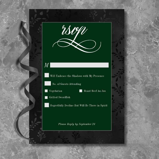 Grönt av trötthetsskada för den gotiska svarta Blo OSA Kort (Dark Gothic Black Floral Satin Damask Green RSVP Card)