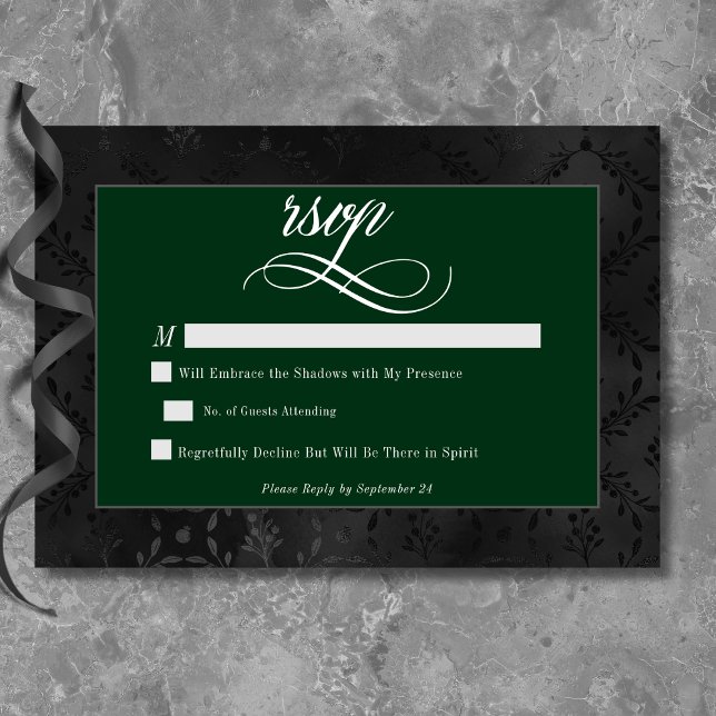 Grönt av trötthetsskada för den gotiska svarta Blo OSA Kort (Dark Gothic Black Floral Satin Damask Green RSVP Card)