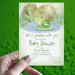 Grönt av vattenfärg Frog på Lily Pad Baby Shower Inbjudningar