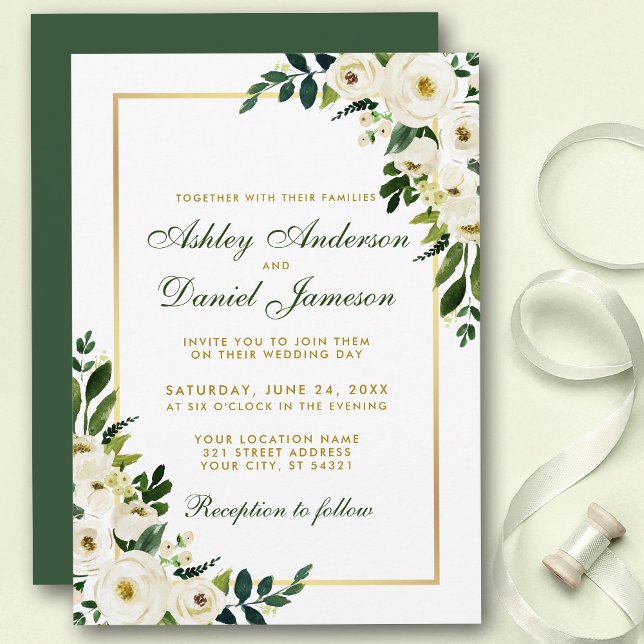 Grönt av vattenfärgen Blommigt och Guld Bröllop Inbjudningar (Customize to change text color, style, add text & photos to back or change color of back of card.)