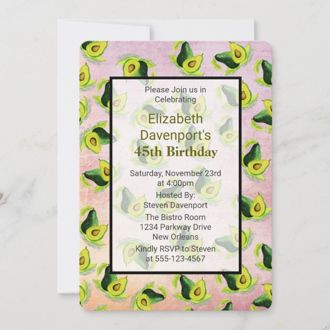Grönt Avocados Watercolor Mönster Birthday Inbjuda Inbjudningar (Framsida)