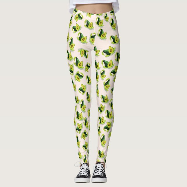 Grönt Avocados Watercolor Mönster Leggings (Framsida)