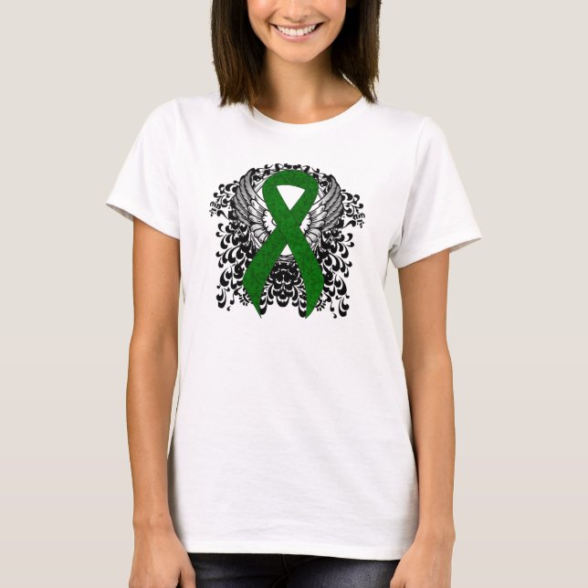 Grönt Awareness Ribbon med Vingar T Shirt (Framsida)