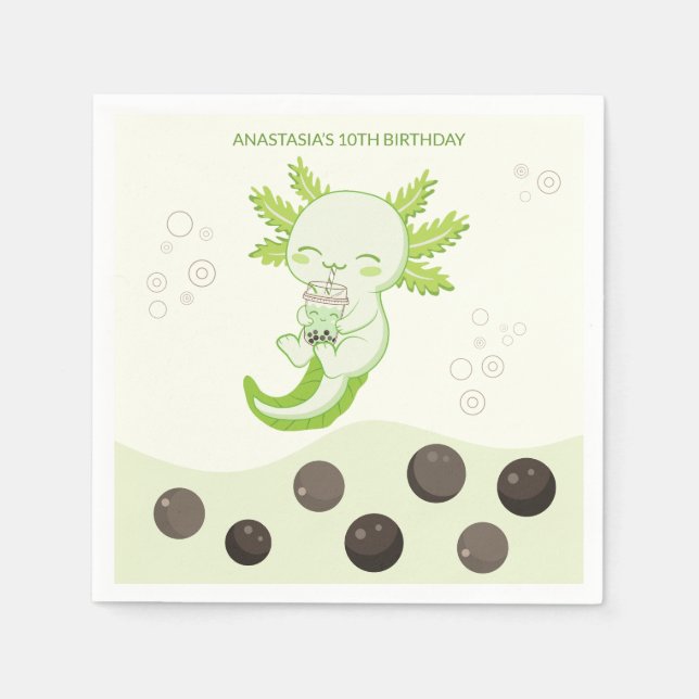 Grönt Axolotl Bubble Mjölk Boba Tea Birthday Pappersservett (Framsidan)