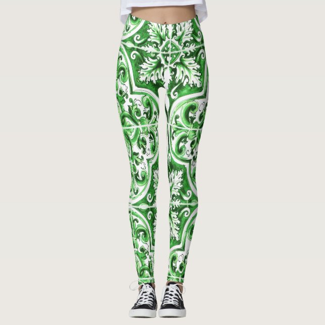 Grönt Azulejo Dolce Leggings Mediterranean Charm (Framsida)