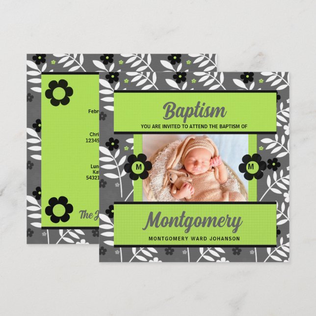 Grönt Baby Baptism med Monogram och foto Inbjudningar (Fram/baksida)
