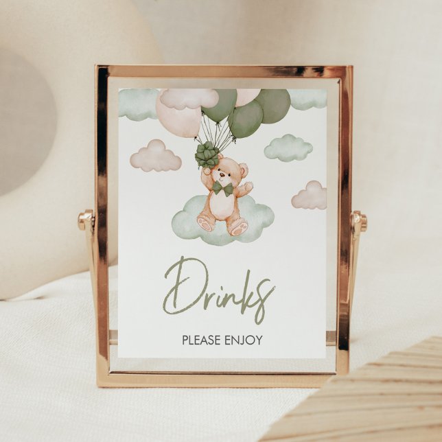 Grönt Baby Bear Balloon Baby Shower Drinks Poster (Green Bear Balloon Bearly Wait Baby Shower Drinks Sign)