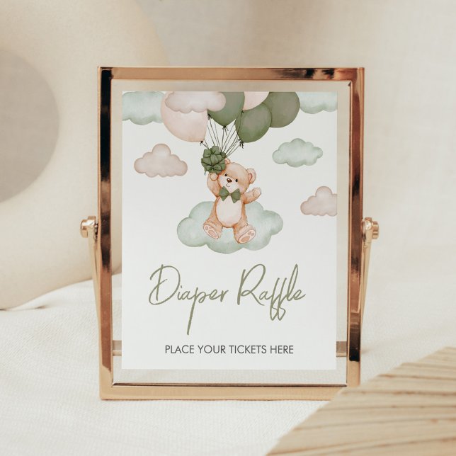 Grönt Baby Bear Balloon Baby Shower Raffle Poster (Green Bear Balloon Bearly Wait Baby Shower Diaper Raffle Sign)