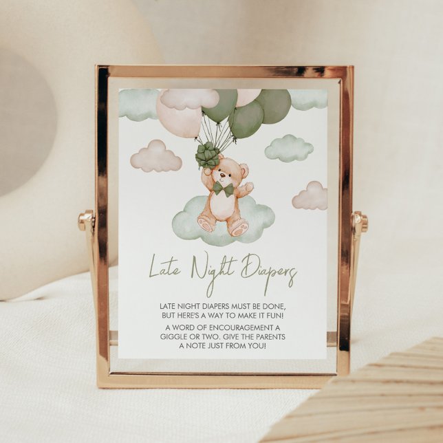 Grönt Baby Bear Balloon Late Night Diables Poster (Green Bear Balloon Bearly Wait Baby Shower Late Night Diapers Sign)
