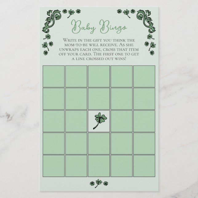 Grönt Baby Bingo Game St patrick's day Baby Shower (Framsida)