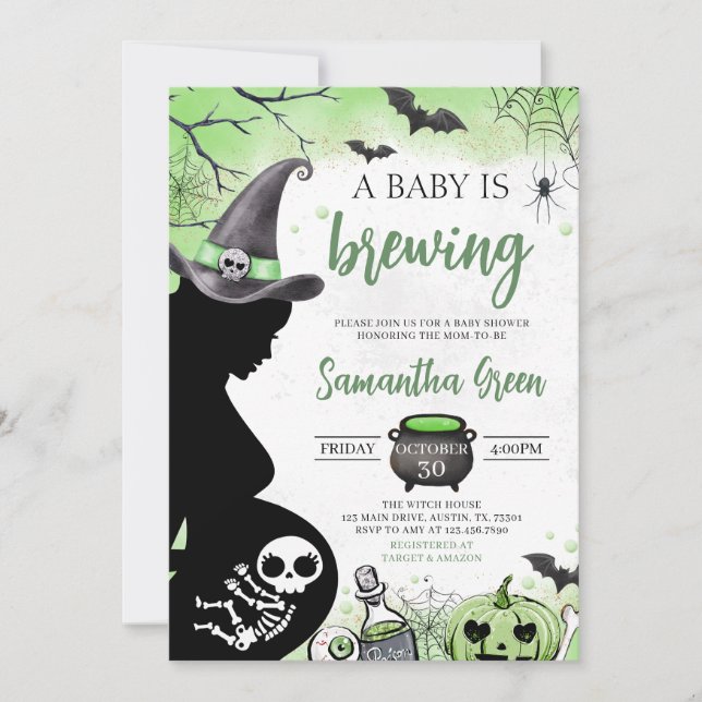 Grönt Baby brinner Halloween Baby Shower Inbjudningar (Framsida)