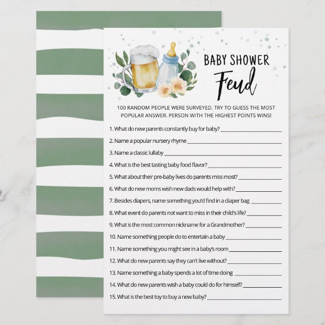 Grönt Baby brygger Baby Shower Feud Game (Fram/baksida)