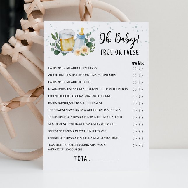 Grönt Baby Brygger Sant Eller Falskt Spelkort Inbjudningar (Beer Sage Green Baby Shower Oh Baby True or False Game)