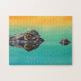 Grönt Baby Crokodile i Vatten med blått och Orange Pussel