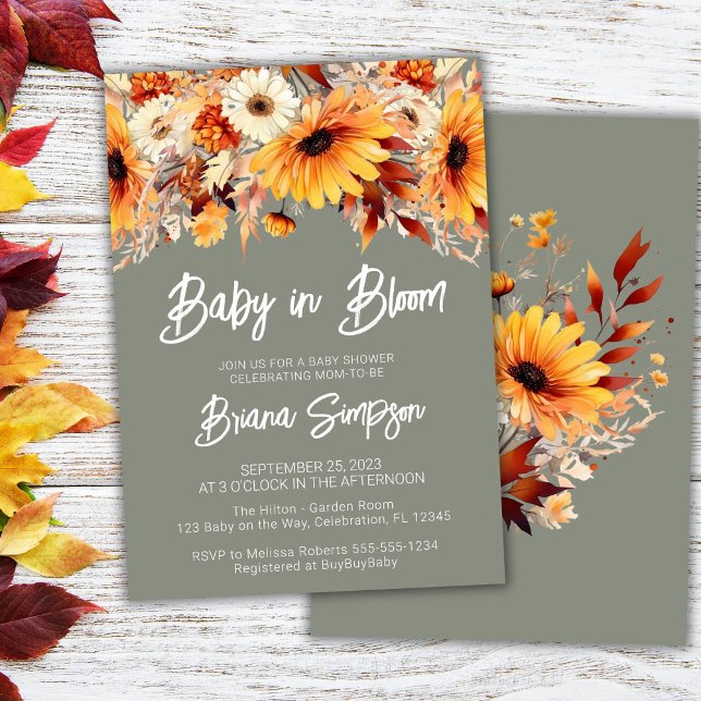 Grönt Baby i Blommigten Bloom Fall Baby Shower Inbjudningar (Skapare uppladdad)