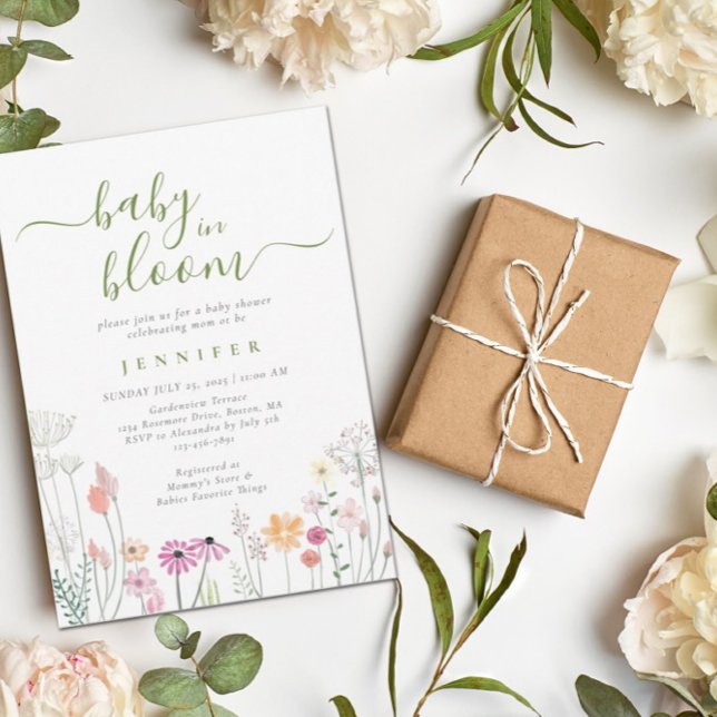 Grönt Baby i vildblomschakt för blommor i blommor  Inbjudningar (Skapare uppladdad)