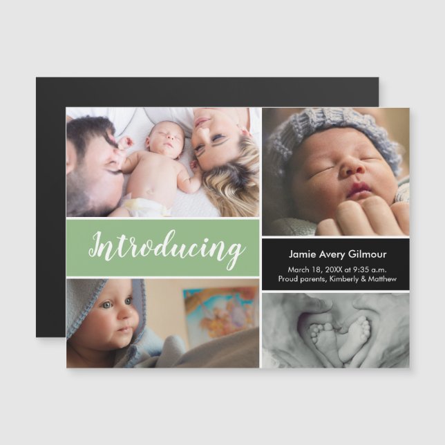 Grönt Baby Introduktion av skriptfotokollage Magnetisk Inbjudningskort (Fram/baksida)