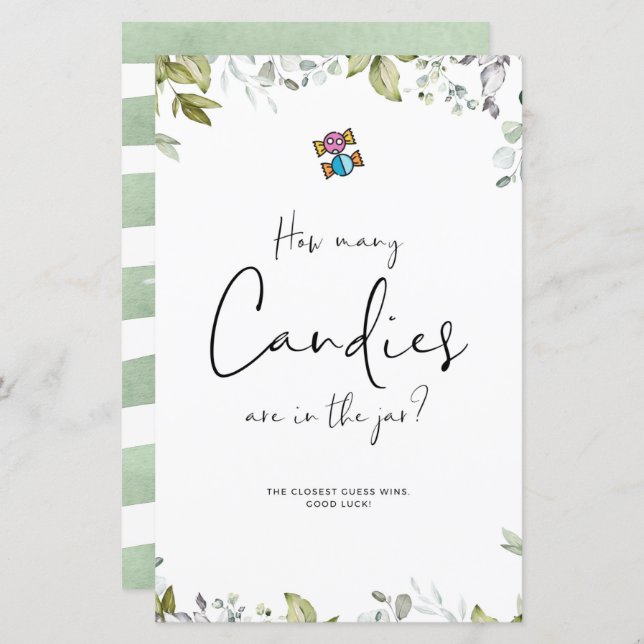 Grönt Baby Shower Miniskylt Hur Många Godisar (Fram/baksida)