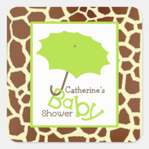 Grönt Baby Shower Parbrella & Giraffe Print Fyrkantigt Klistermärke
