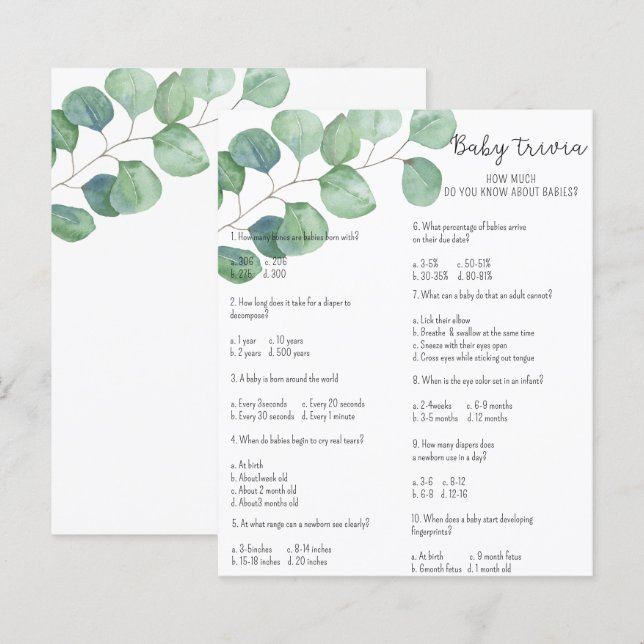 Grönt Baby Trivia | Baby Shower Lek (Fram/baksida)