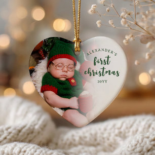 Grönt Baby's första jul fotohjärta Julgransprydnad Keramik
