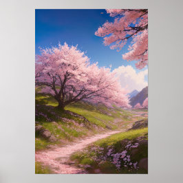 Grönt Backe och Cherry Blommar Väg Poster