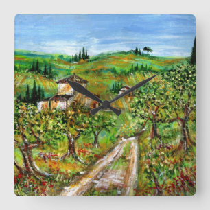 GRÖNT BACKE OCH OLIV TRÄD I TUSCANY LANDSCAPE FYRKANTIG KLOCKA