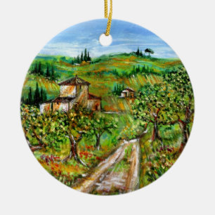 GRÖNT BACKE OCH OLIV TRÄD I TUSCANY LANDSCAPE JULGRANSPRYDNAD KERAMIK
