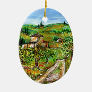 GRÖNT BACKE OCH OLIV TRÄD I TUSCANY LANDSCAPE JULGRANSPRYDNAD KERAMIK