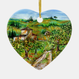 GRÖNT BACKE OCH OLIV TRÄD I TUSCANY LANDSCAPE JULGRANSPRYDNAD KERAMIK