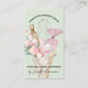 Grönt Bageri Konditor Rosa Blommor Boho Visitkort