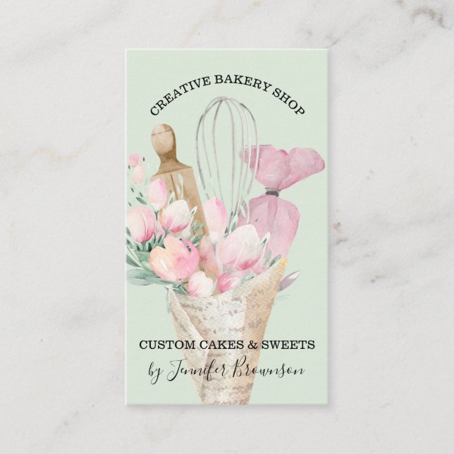 Grönt Bageri Konditor Rosa Blommor Boho Visitkort (Framsida)